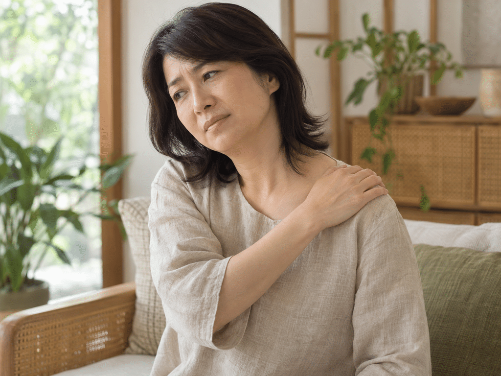 肩を押さえて首をかしげている中年の女性