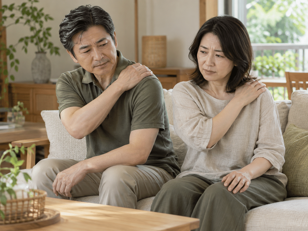 40代と50代の夫婦が肩を気にしているイメージ