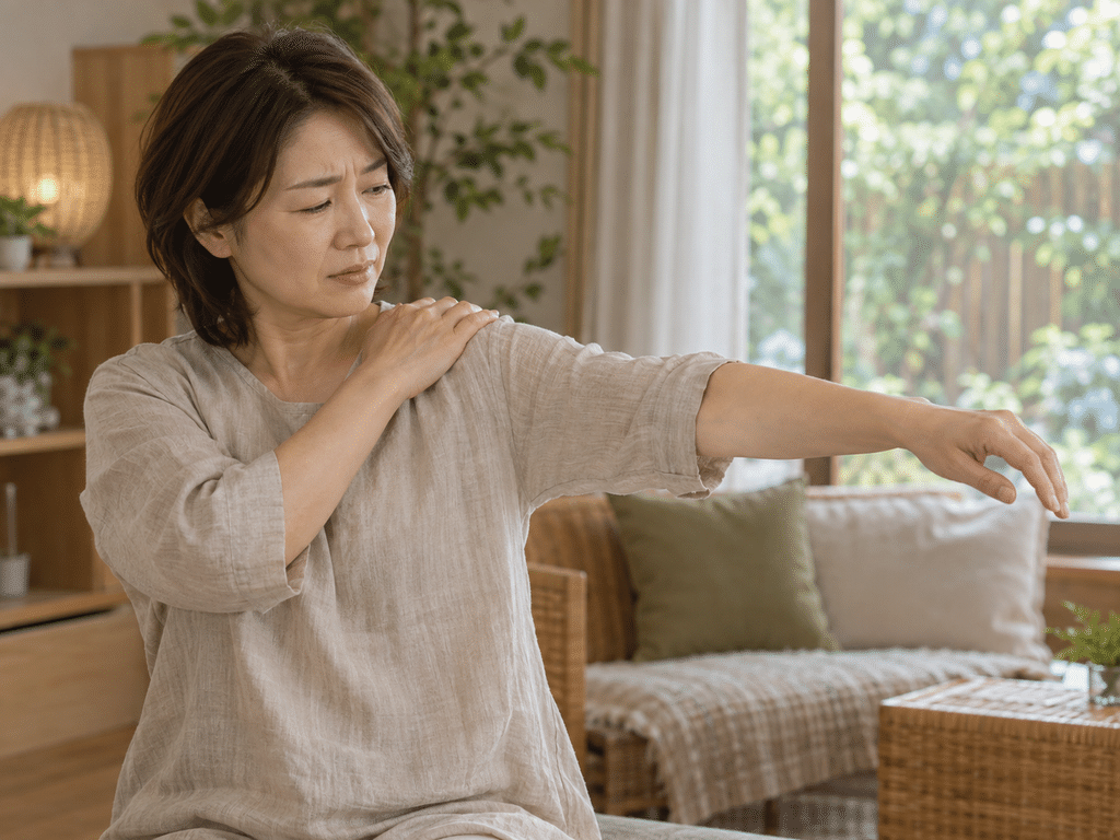 腕を上げようとして肩を押さえている女性