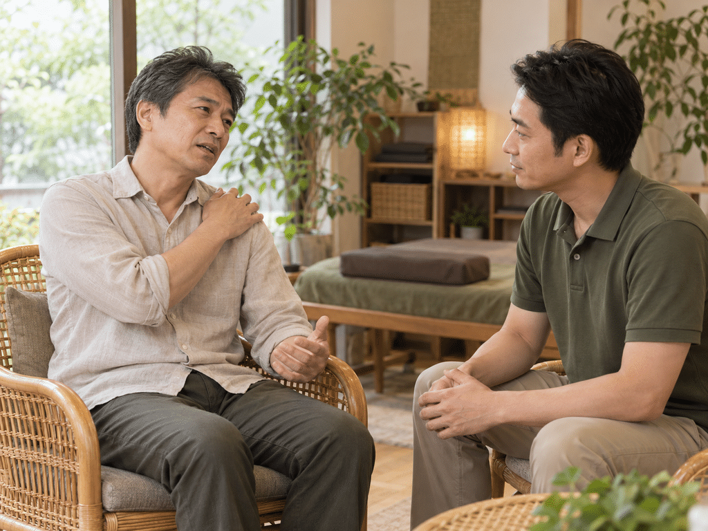 肩の痛みを相談している人