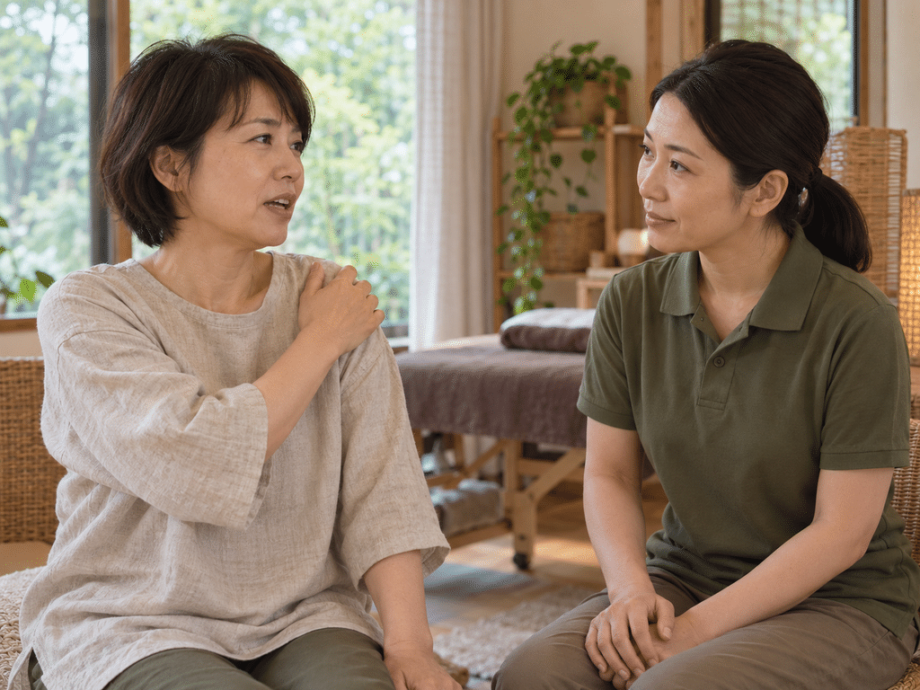 肩に手を当てて相談している女性