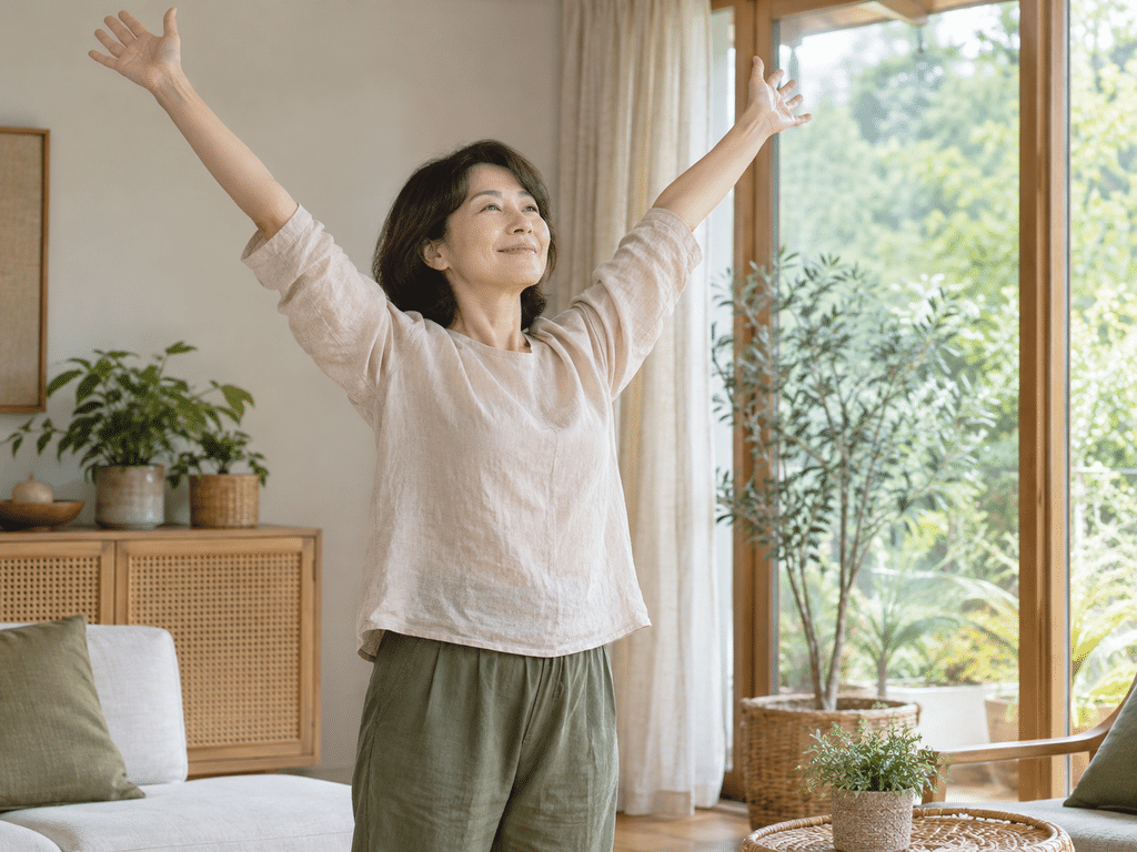 腕を上げて伸びをしている笑顔の女性